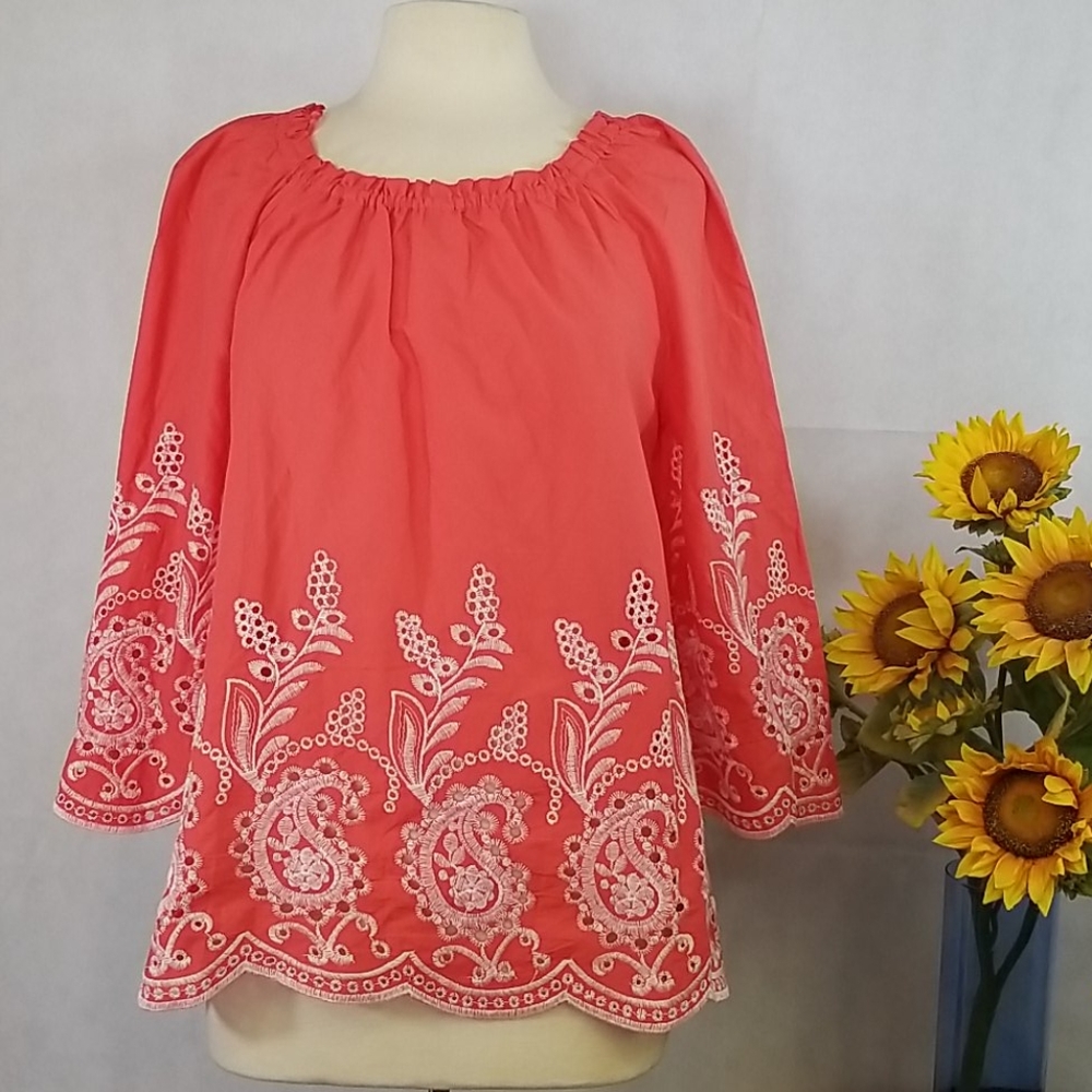 Cupio Embroidered Eyelet Coral & White Cotton Top Medium